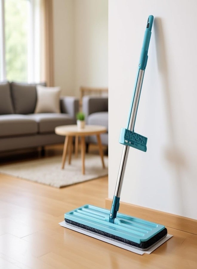 ممسحة أرضيات، تنظيف جاف ورطب بدون استخدام اليدين، مناسبة لأرضيات السيراميك والبلاط، رأس من الألياف الدقيقة، قضيب من الفولاذ المقاوم للصدأ بطول 35 سم، لون أزرق، ممسحة مسطحة قابلة للغسل اليدوي، مصممة لالتقاط الغبار بكفاءة عالية - Image 5